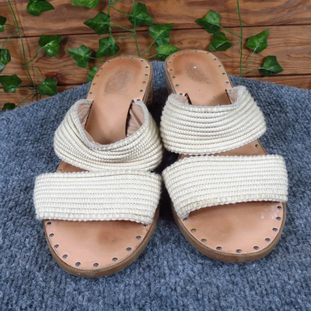 Franco Sarto Raffia‎ Women Sandal 7.5 Casual Block Heel Slide Cream Fabric